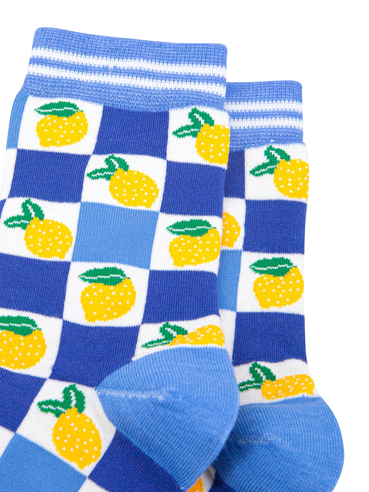 Lemon-Checkerboard-Bamboo-Socks-in-Blue-close-up