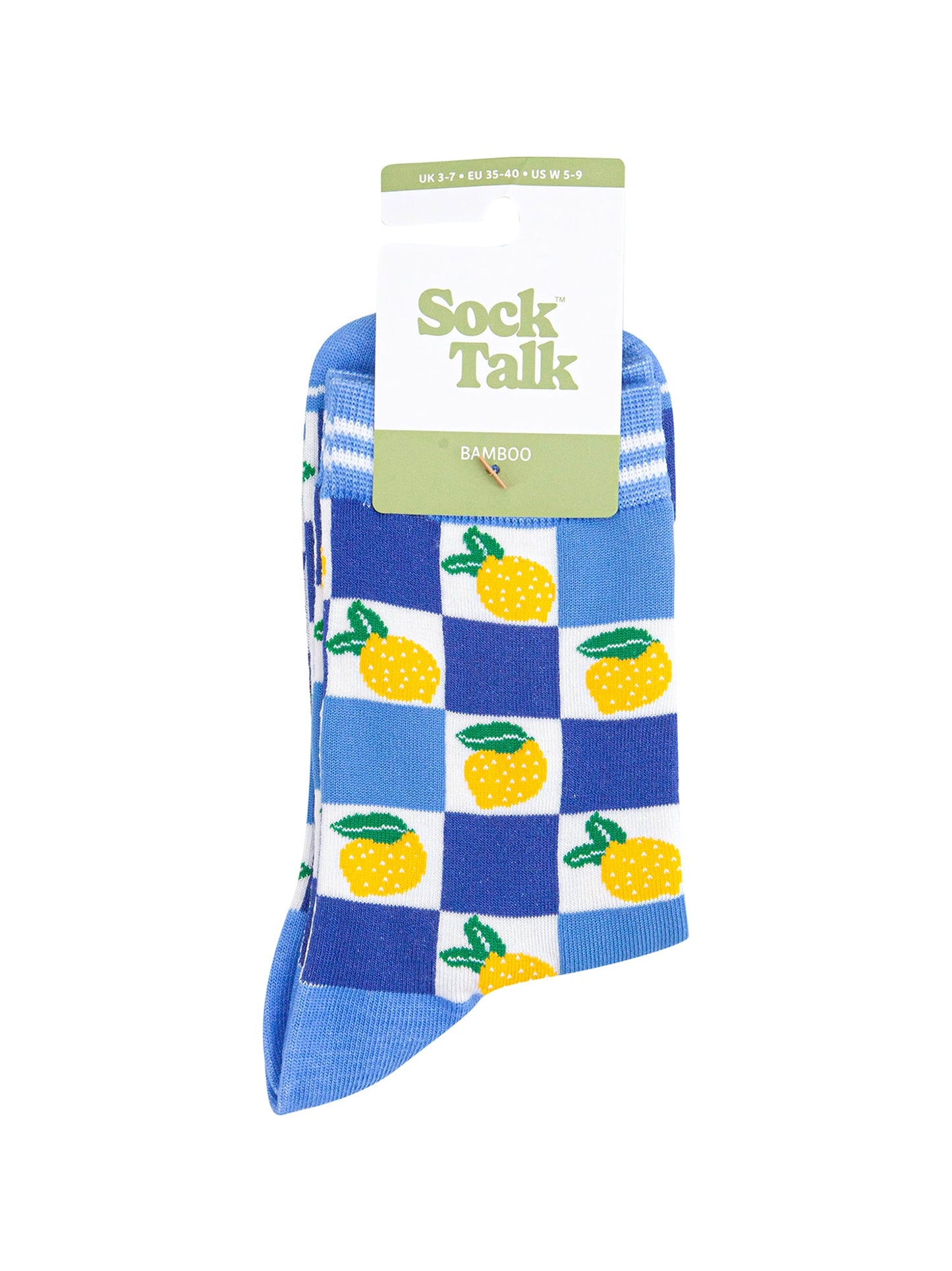 Lemon-Checkerboard-Bamboo-Socks-in-Blue-in-packaging