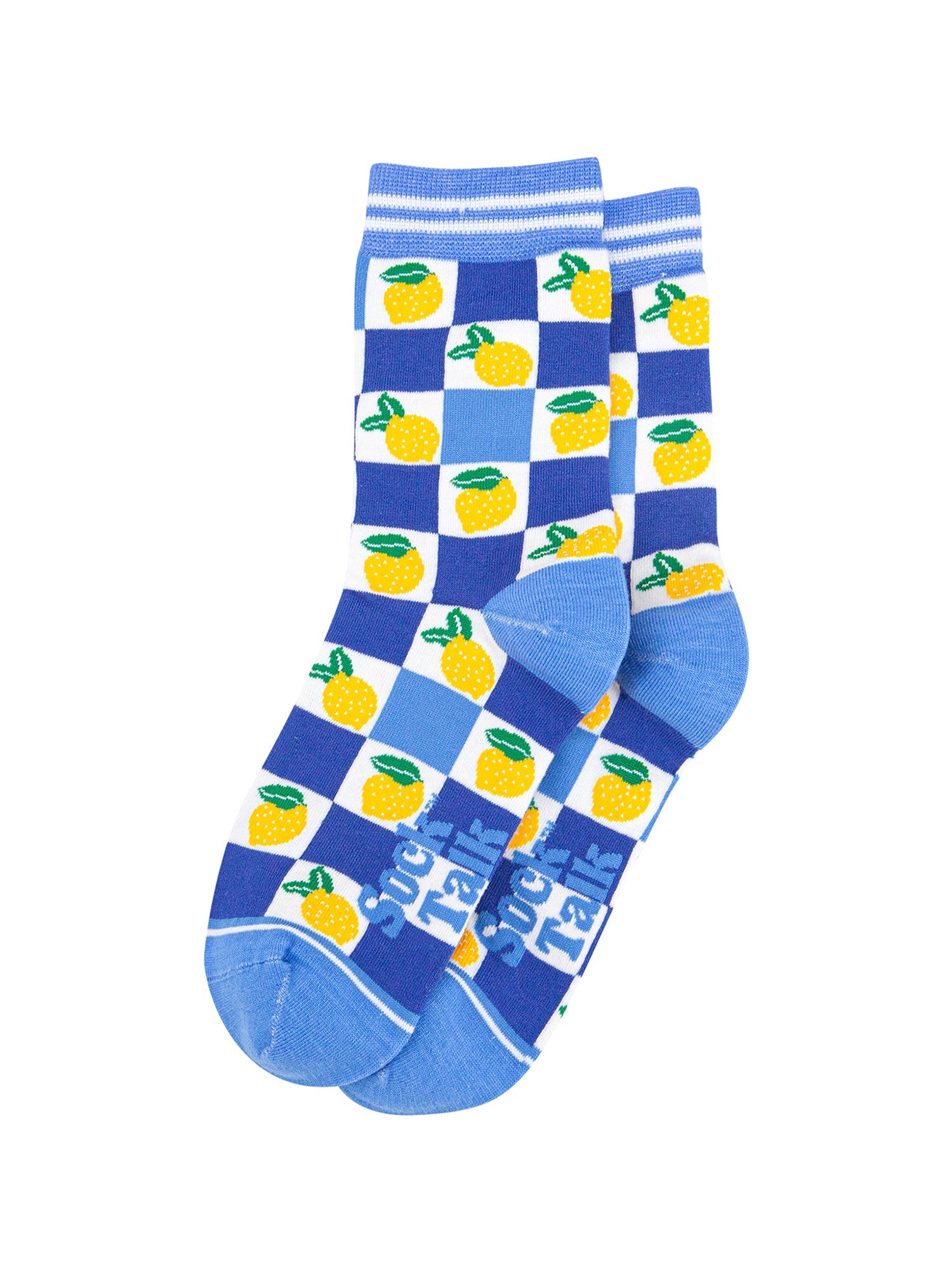 Lemon-Checkerboard-Bamboo-Socks-in-Blue-laid-flat