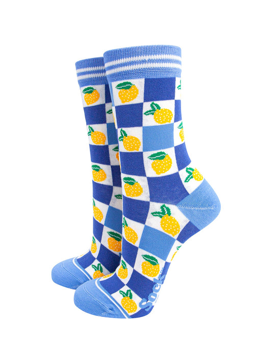 Lemon-Checkerboard-Bamboo-Socks-in-Blue-Mannequin