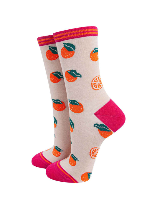 cream, orange and pink bamboo ankle socks with an all over orange and orange slice fruit patten