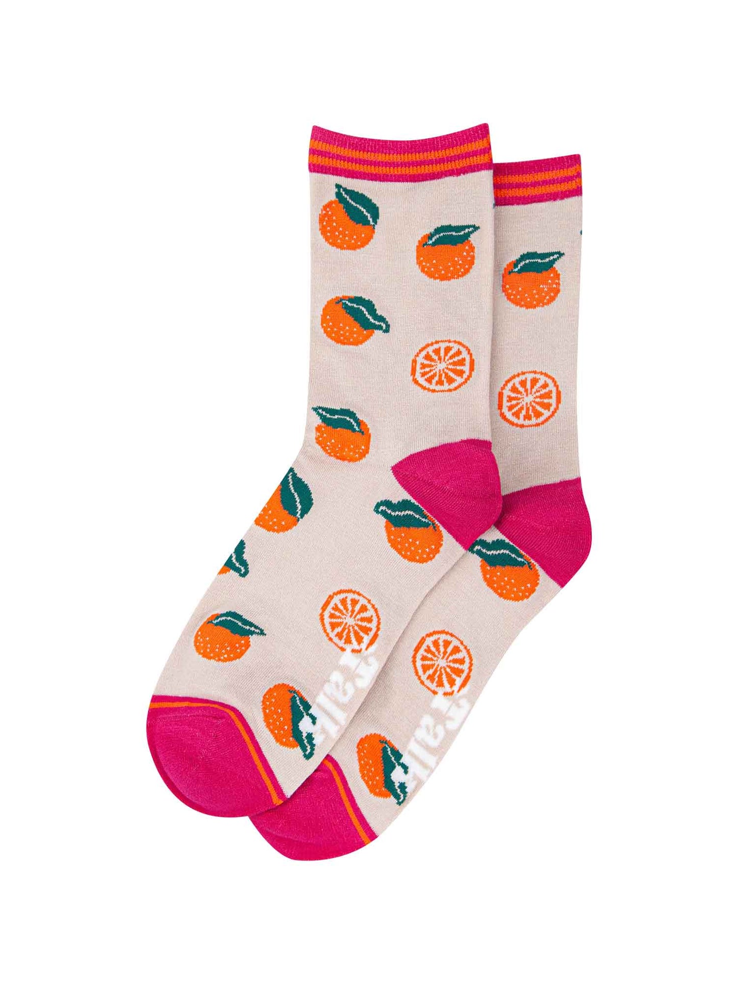 womens oranges fruit socks made from bamboo. Cream socks with oranges all over and a pink toe, heel and cuff