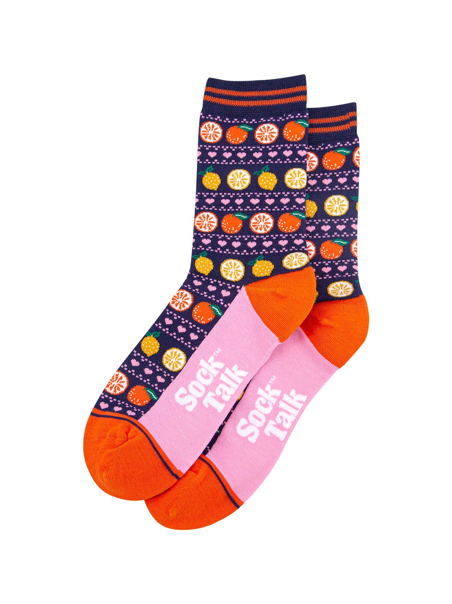 Oranges-&-Lemons-Bamboo-Socks-in-Navy-Blue-Lying-Flat