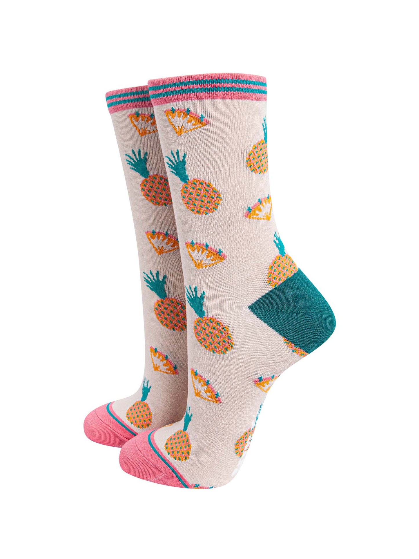 cream and pink bamboo socks with an all over pineapple fruit print pattern and striped cuff