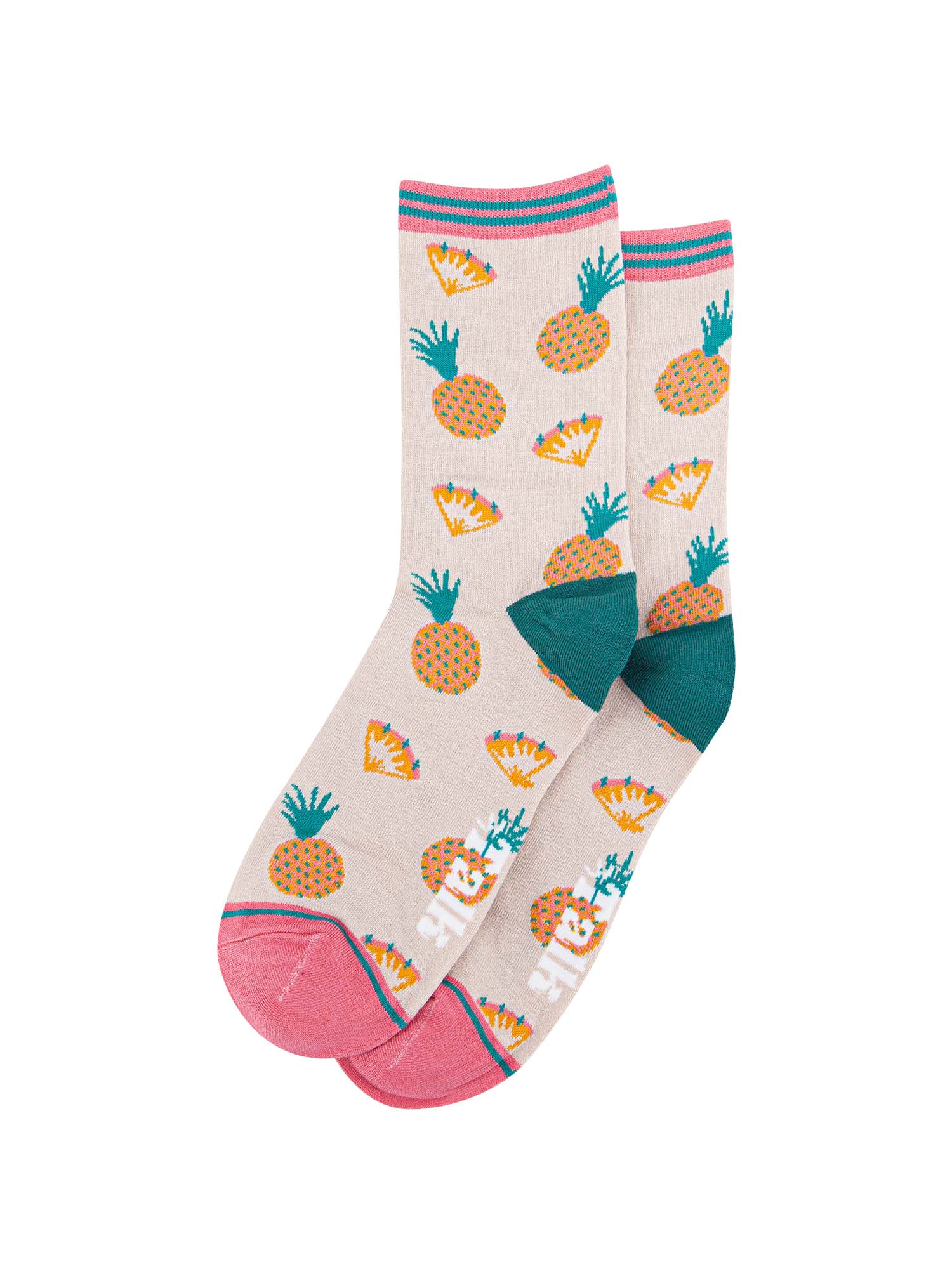 womens tropical pineapple bamboo ankle socks in pink, cream and green