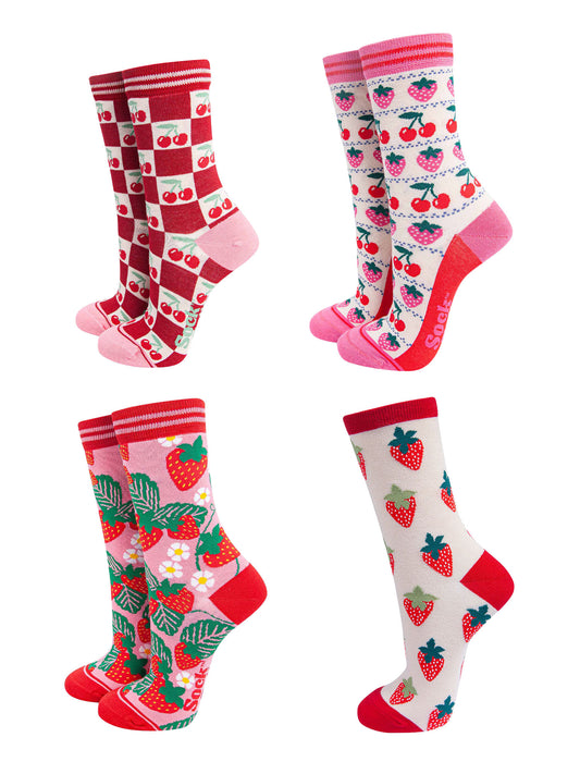 Women's Bamboo Socks Festive Gift Set - Pink/Red, Fruits