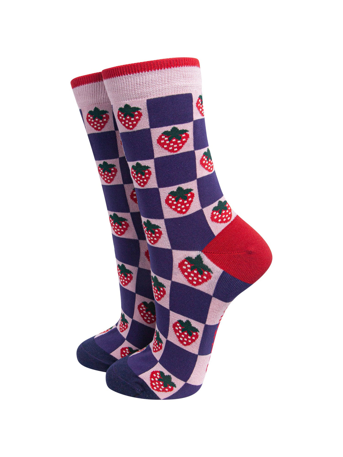 Strawberry-Squares-Women's-Bamboo-Socks-in-Pink/Navy-Blue-On-Mannequin