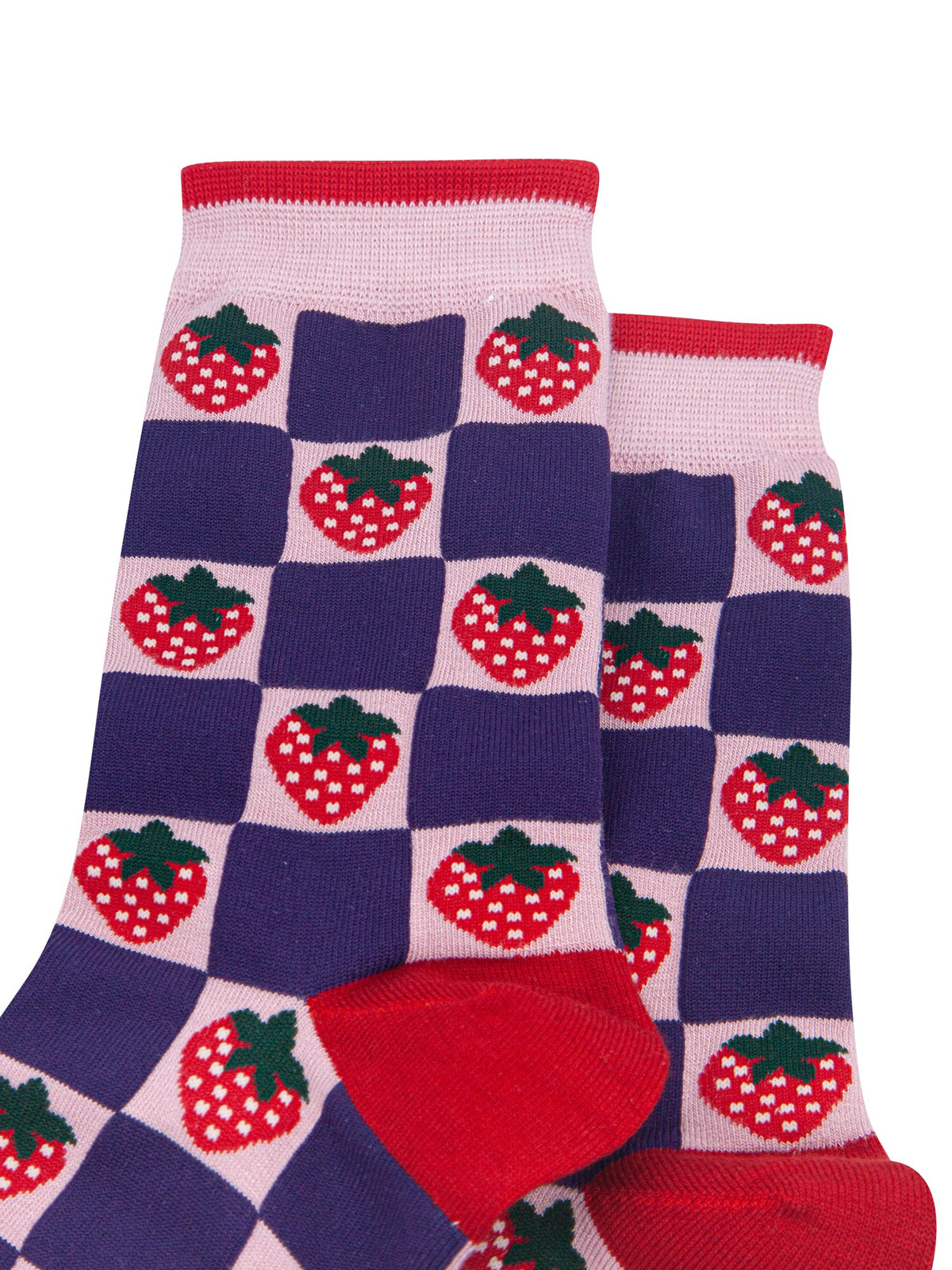 Strawberry-Squares-Women's-Bamboo-Socks-in-Pink/Navy-Blue-Close-Up