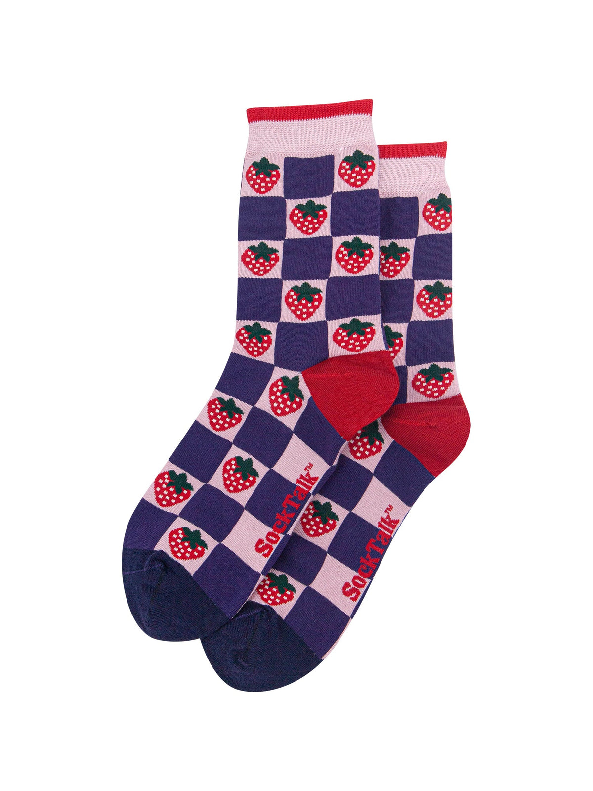 Strawberry-Squares-Women's-Bamboo-Socks-in-Pink/Navy-Blue-Laid-Flat