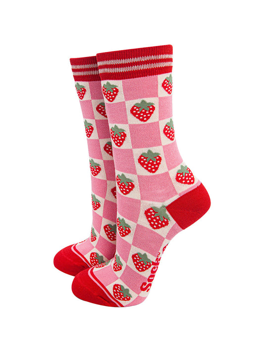 womens-bamboo-socks-pink-red-checked-strawberry-fruit