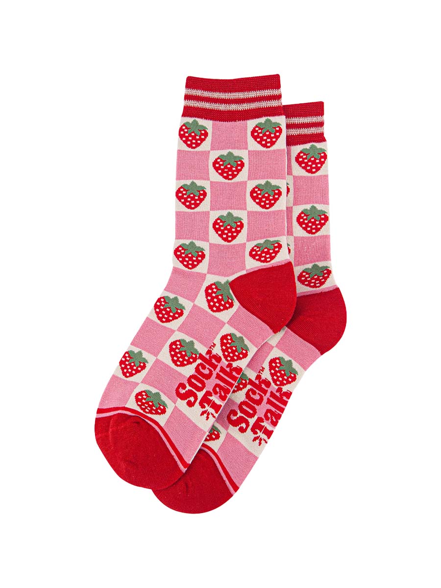 womens-bamboo-socks-pink-red-checked-strawberry-laying-flat