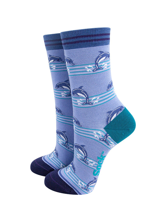 Dolphins-Striped-Bamboo-Socks-in-Blue-On-Mannequin