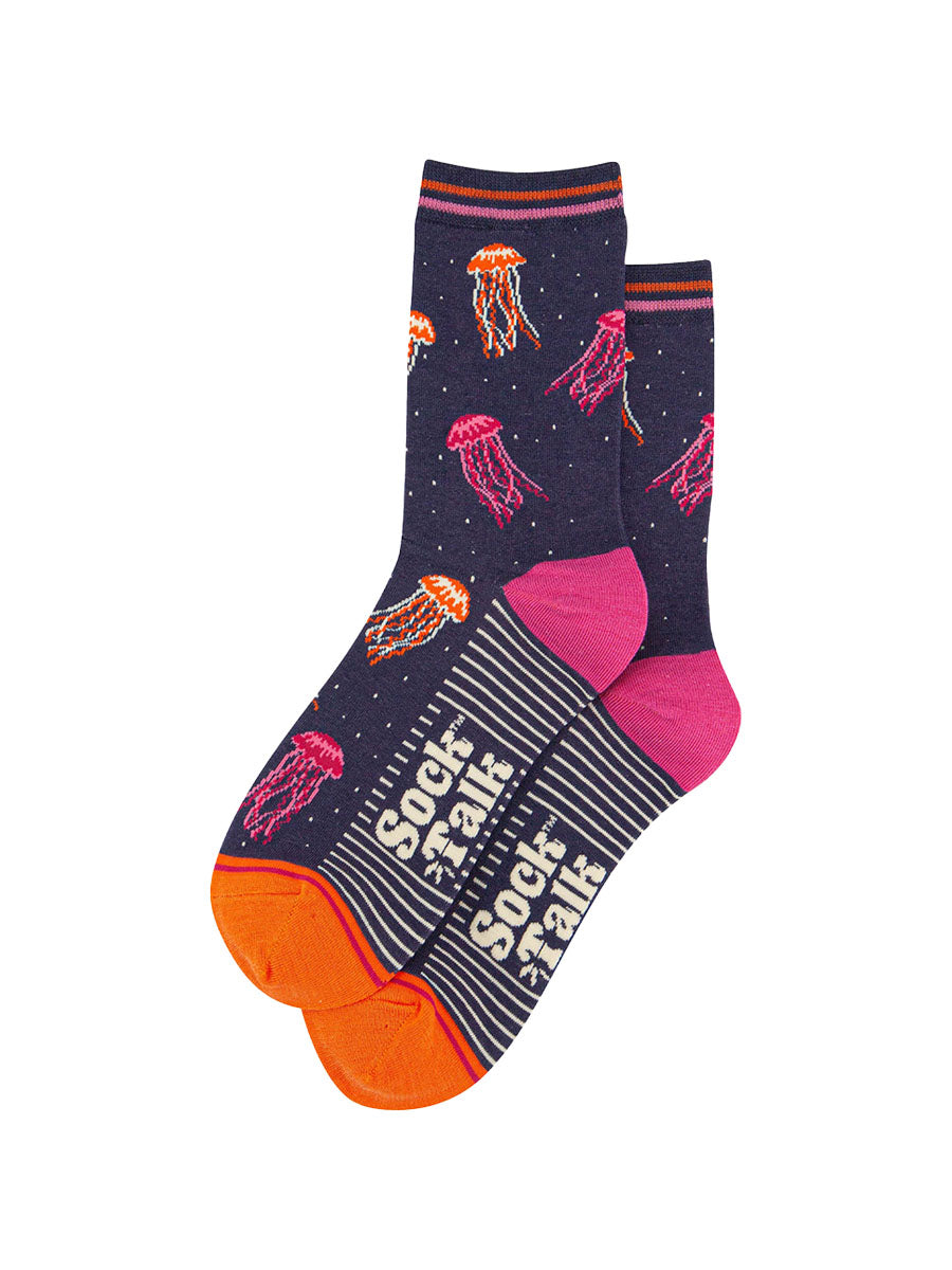 womens-bamboo-socks-navy-jellyfish-laying-flat-the-jellyfish-pattern-covers-the-design