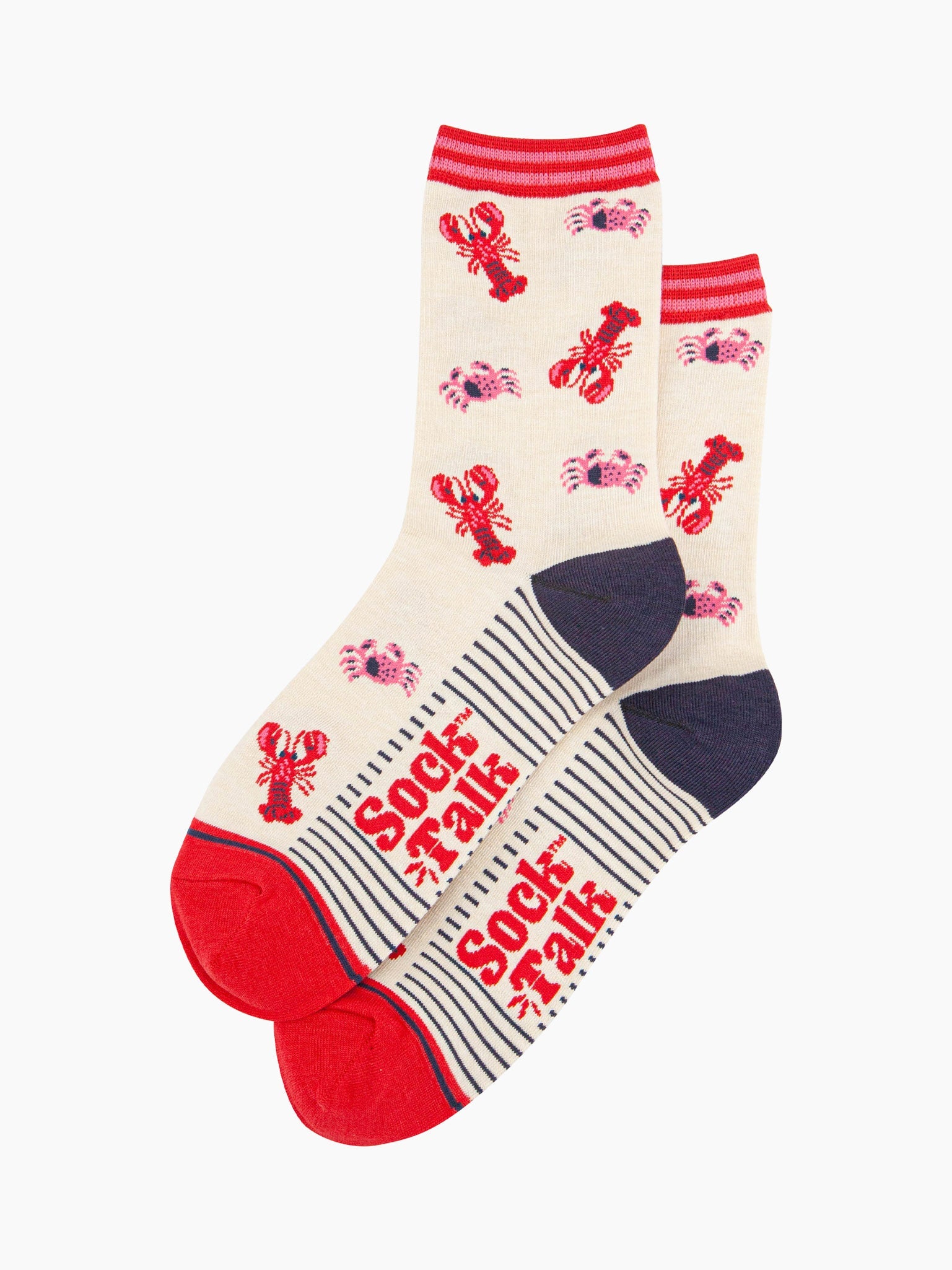 womens-bamboo-socks-cream-lobster-and-crab-laying-flat-showing-the-all-over-pattern-of-red-lobsters-and-crabs