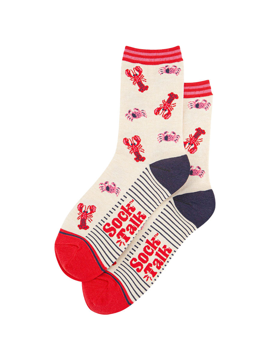 womens-bamboo-socks-cream-lobster-and-crab-laying-flat-showing-the-all-over-pattern-of-red-lobsters-and-crabs