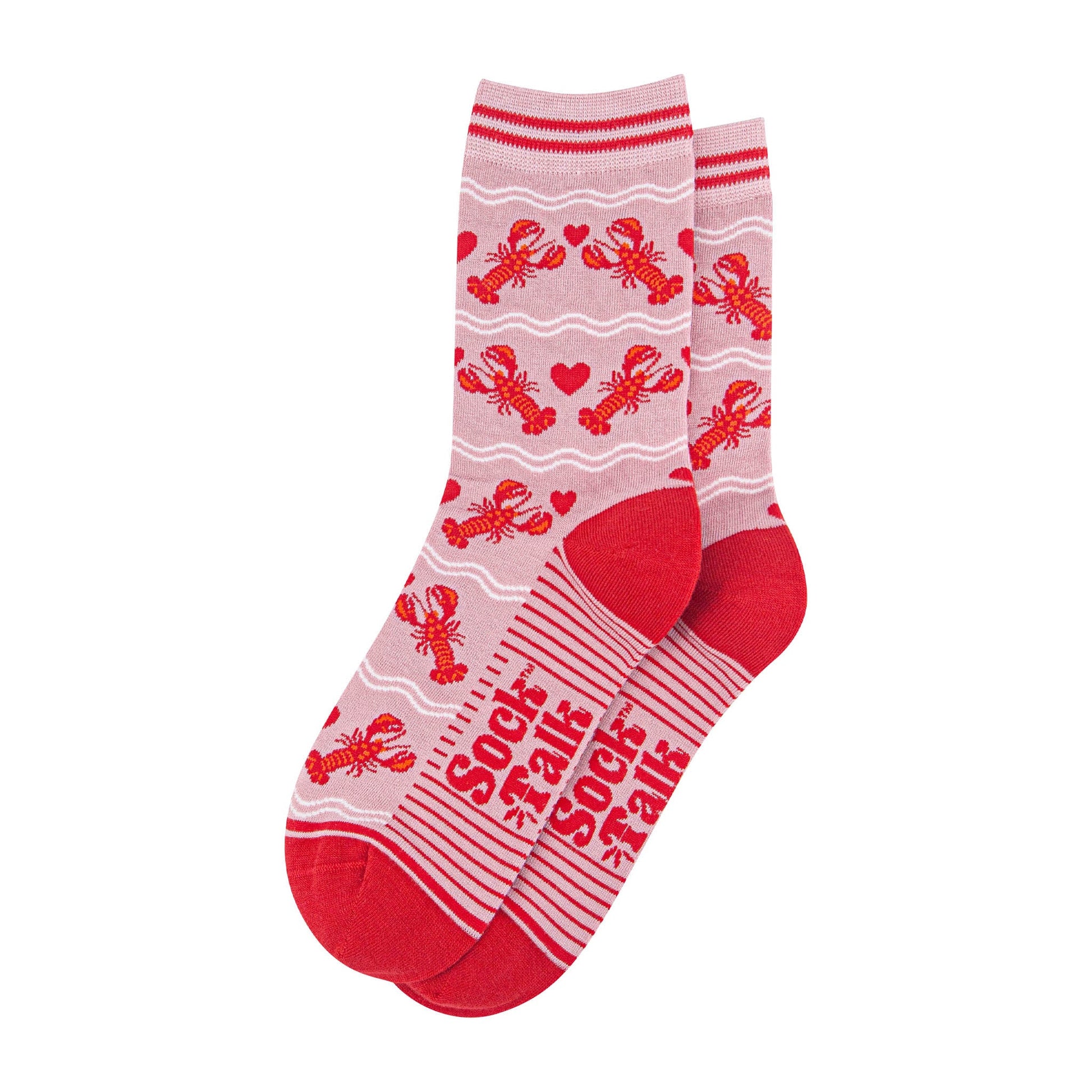 womens-bamboo-socks-light-pink-red-lobsters-laying-flat