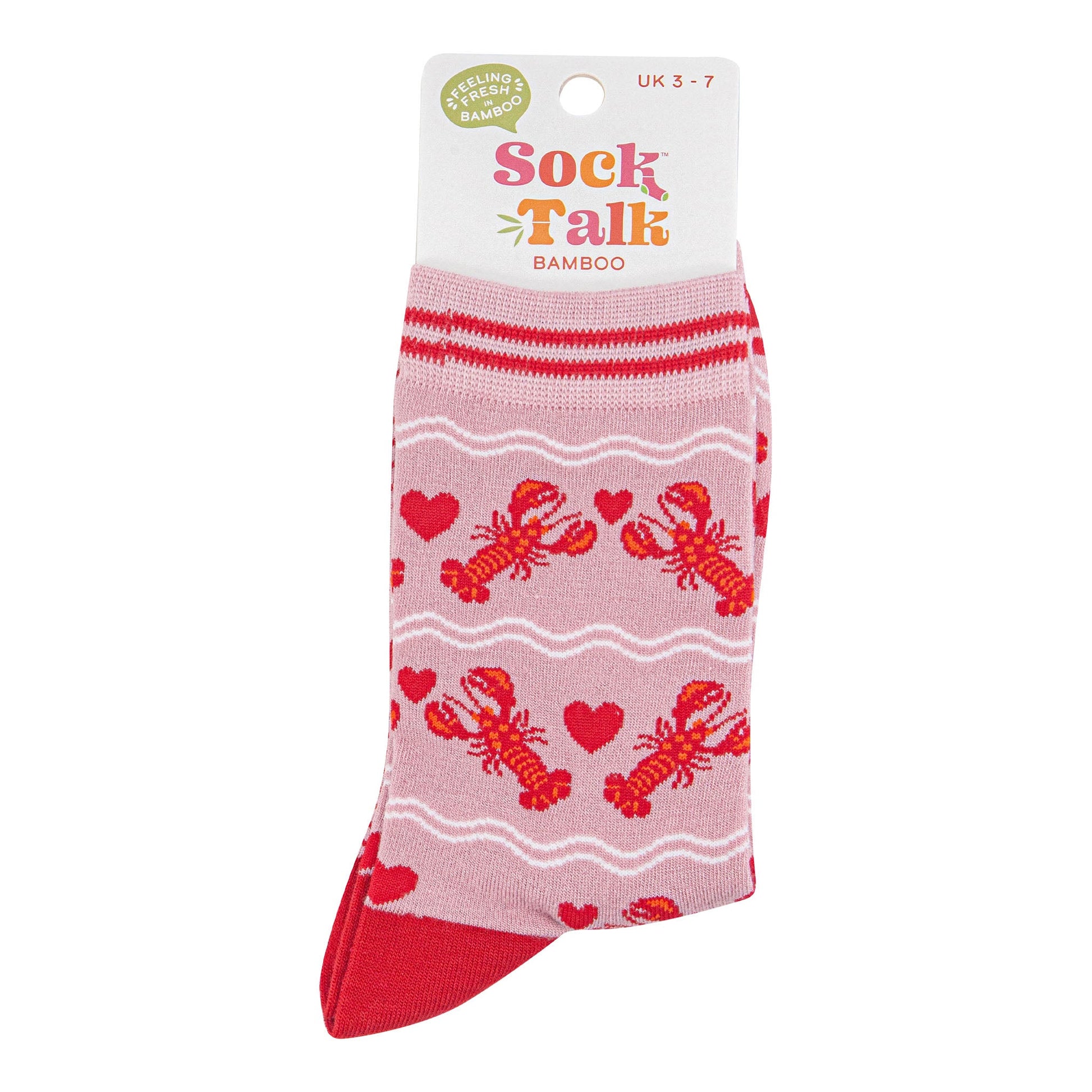 womens-bamboo-socks-light-pink-red-lobsters-in-sock-talk-packaging