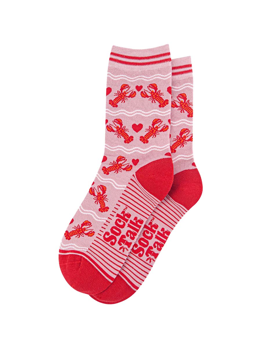 womens-bamboo-socks-light-pink-red-lobsters-laying-flat