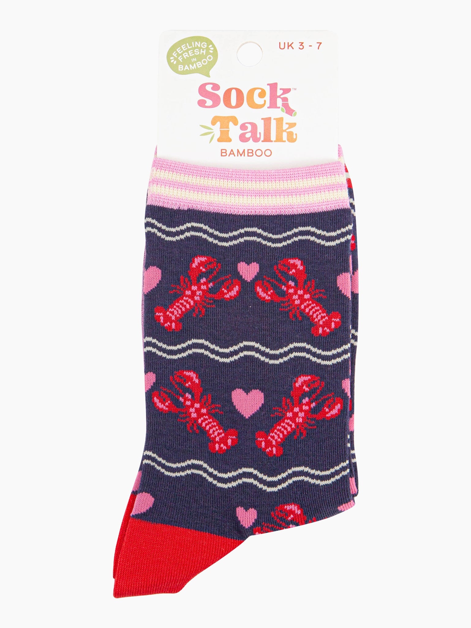 women's bamboo navy blue and red lobster socks in their sock talk packaging, the socks are a uk size 3-7.