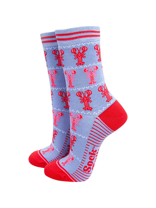womens-bamboo-socks-light-blue-red-lobsters-nautical