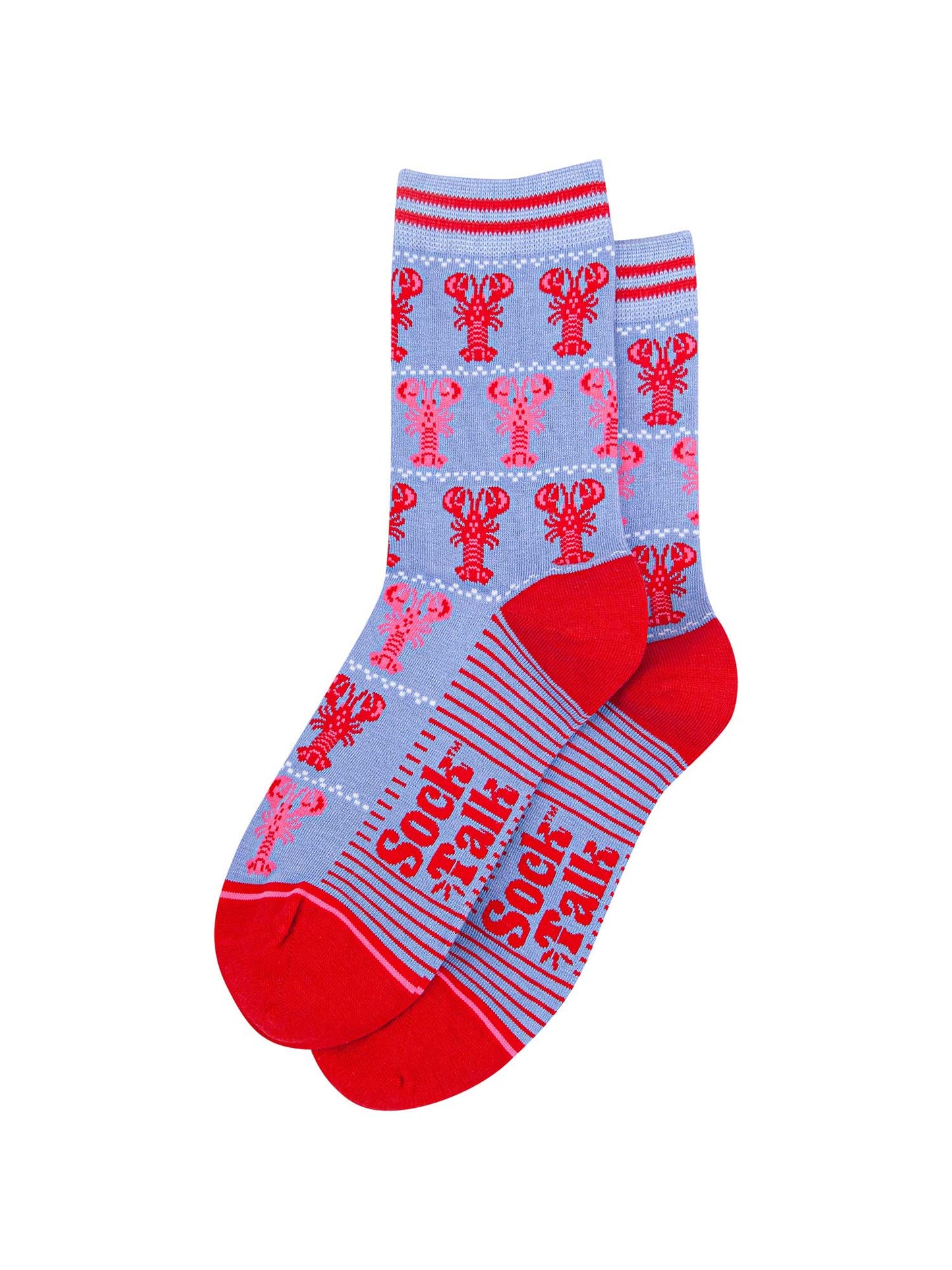 womens-bamboo-socks-light-blue-red-lobsters-laying-flat