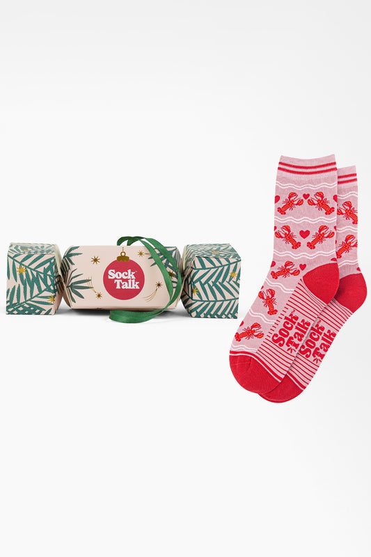 Women's Bamboo Ankle Socks Christmas Cracker Gift Box - Light Pink/Red, Lobsters with Love Hearts