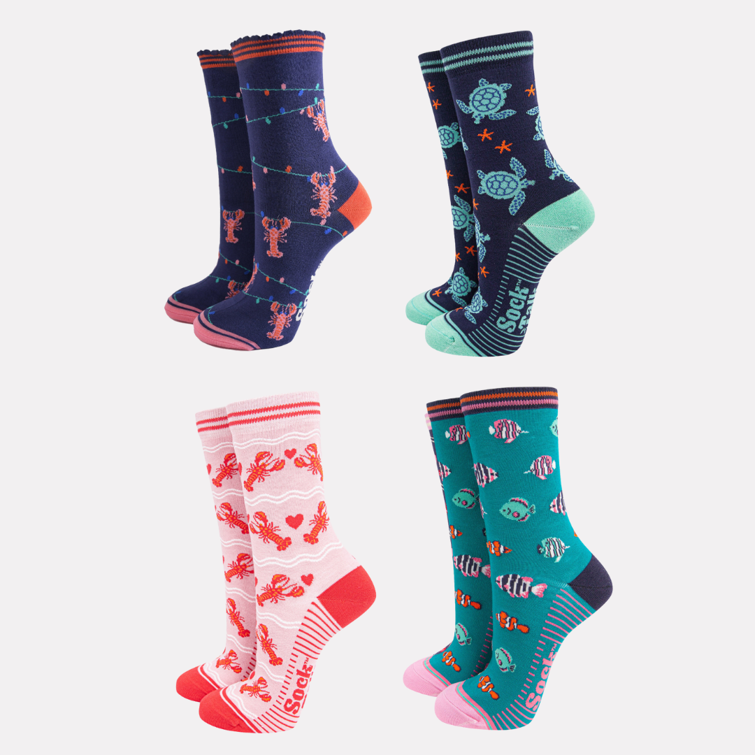 Women's Bamboo Socks Festive Gift Set - Navy Blue/Pink, Sealife