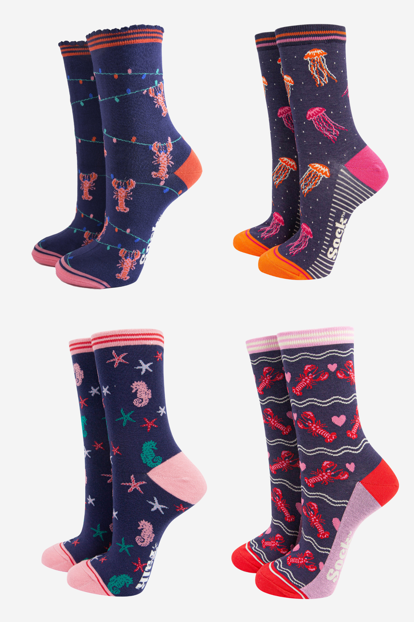 Women's Bamboo Ankle Socks Festive Gift Set - Navy Blue/Pink, Sealife
