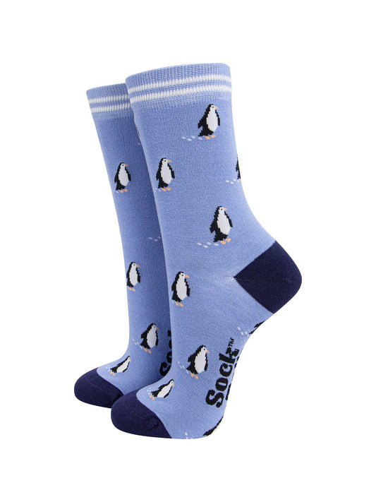 womens-bamboo-socks-light-blue-navy-blue-penguin-christmas-winter