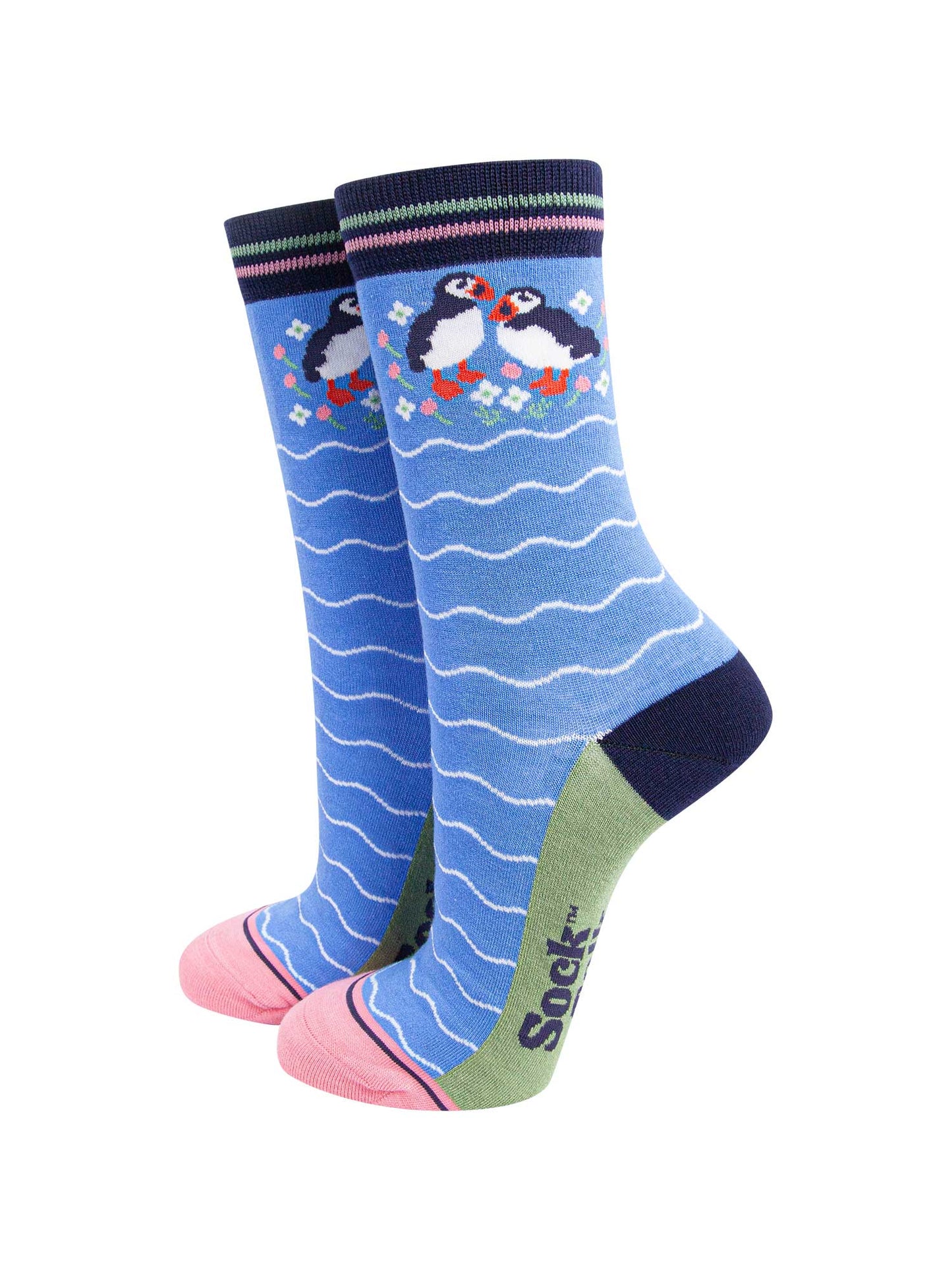 womens-bamboo-socks-blue-puffins-and-flowers-wavy-white-stripes-birds
