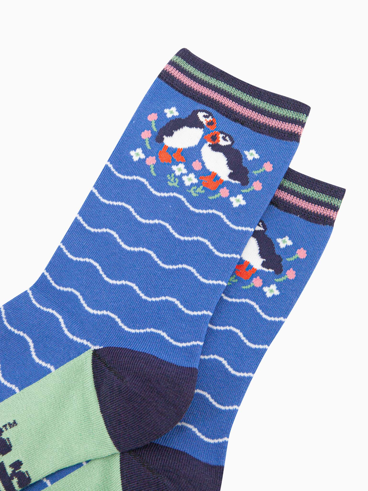 womens-bamboo-socks-blue-puffins-and-flowers-close-up-black-white-birds-orange-beaks-wildflowers