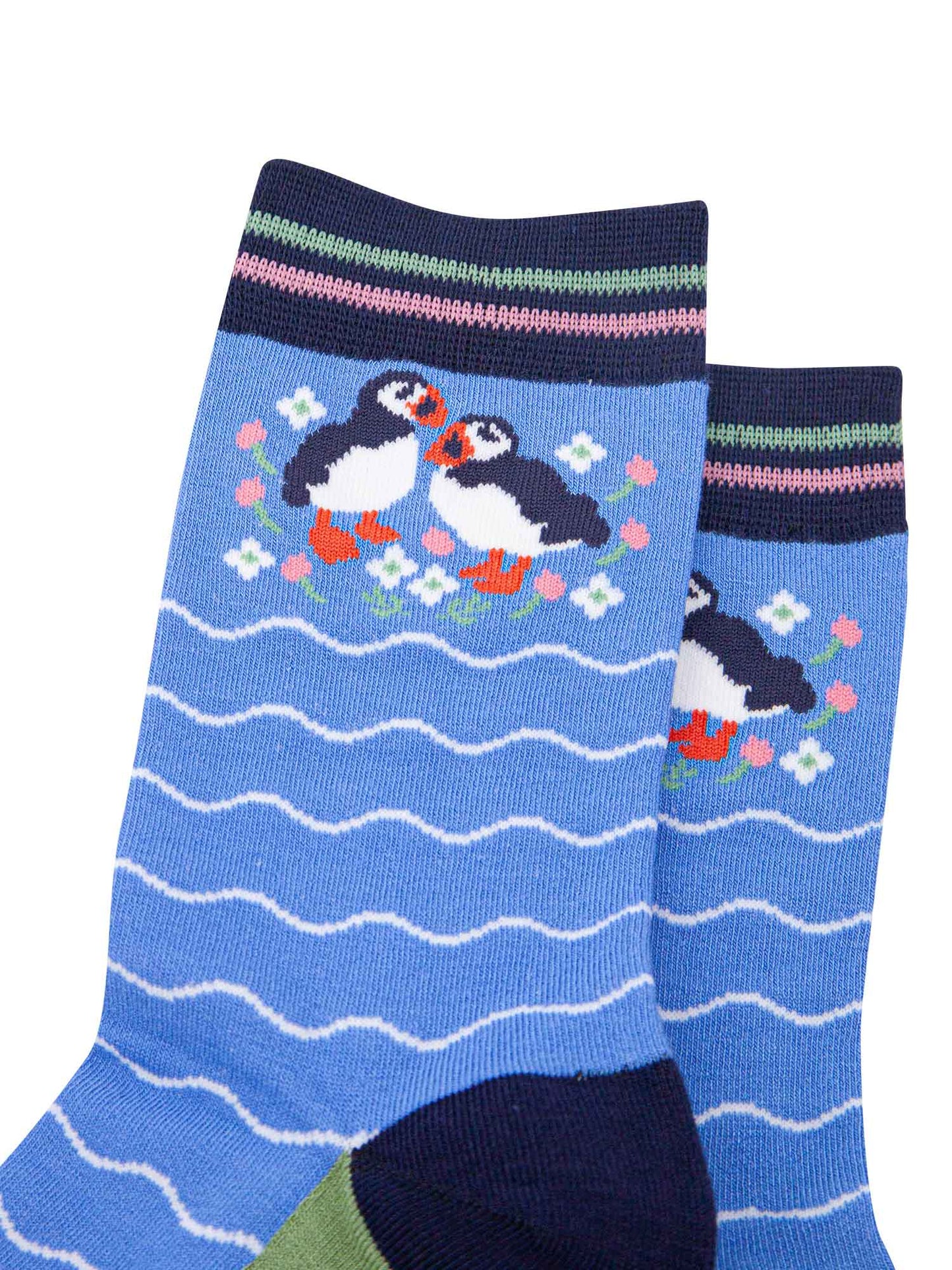 womens-bamboo-socks-blue-puffins-and-flowers-close-up-black-white-birds-orange-beaks-wildflowers
