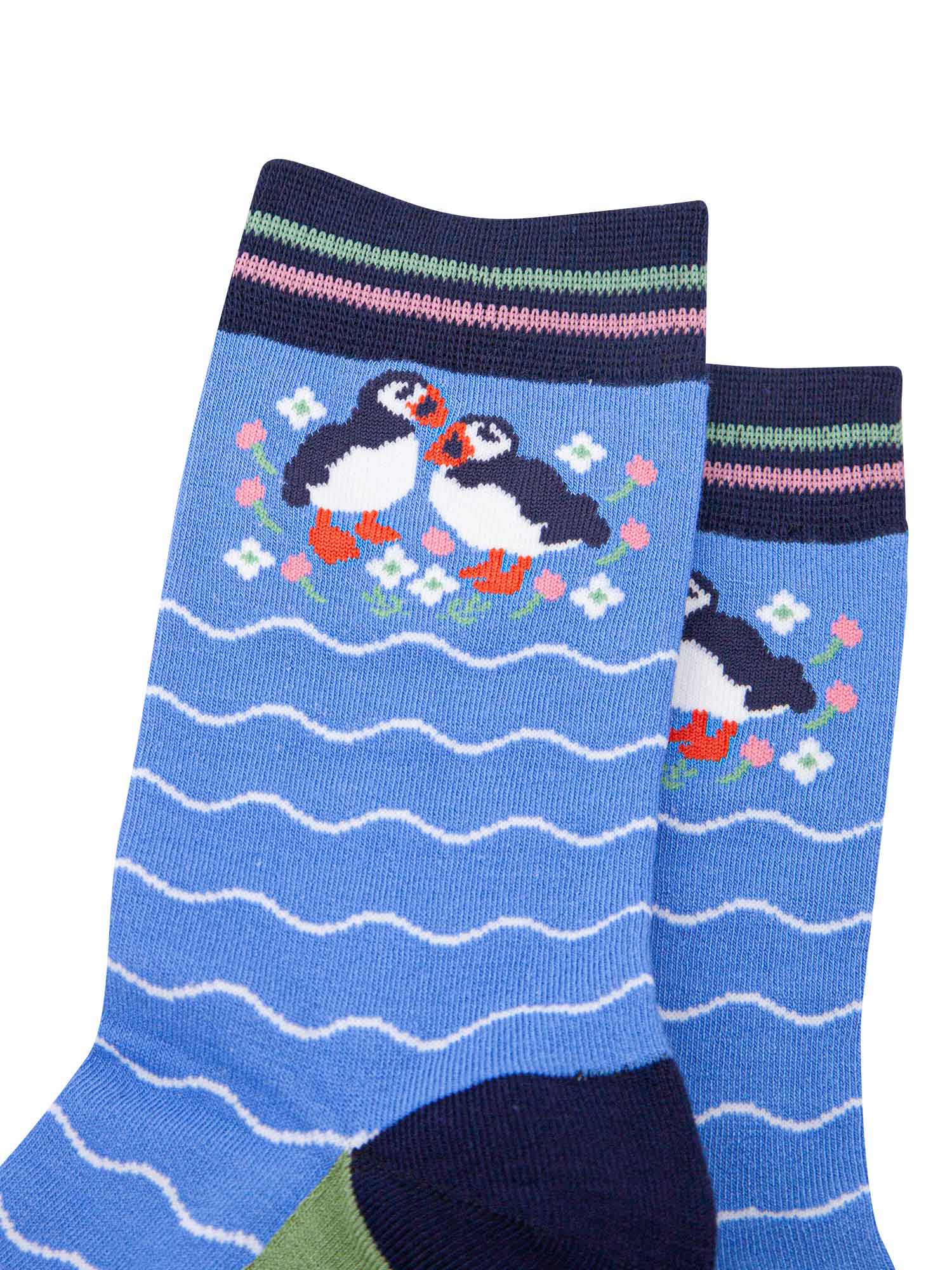 womens-bamboo-socks-blue-puffins-and-flowers-close-up-black-white-birds-orange-beaks-wildflowers