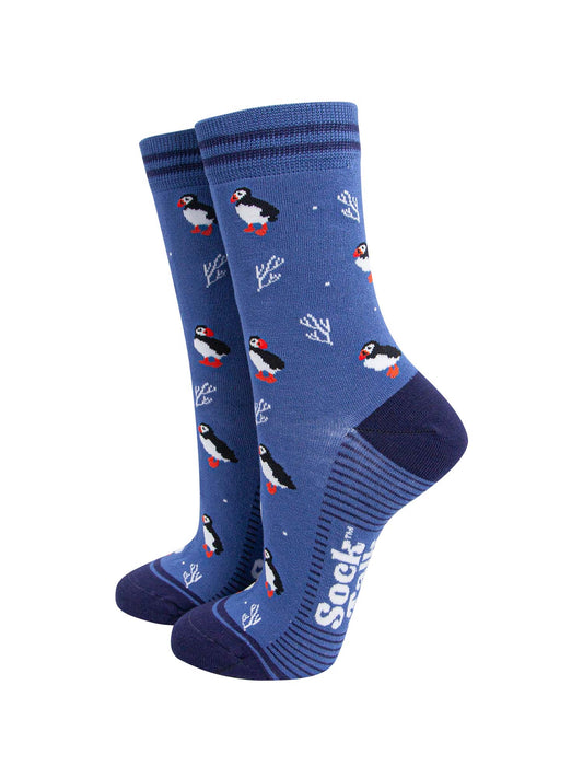 womens-bamboo-socks-denim-blue-navy-blue-puffins-and-coral-nautical
