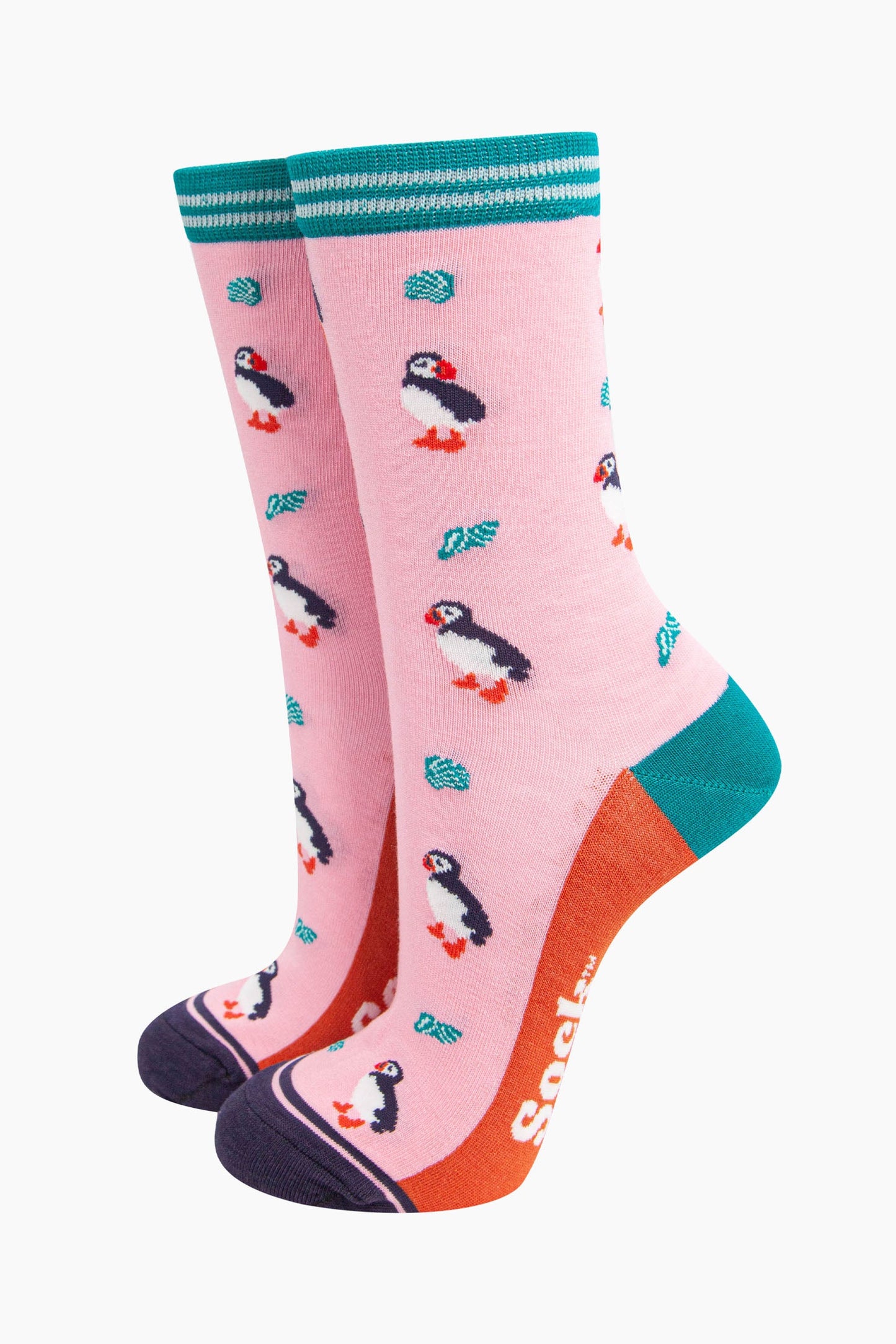 light pink bamboo socks with a pattern of black and white puffin birds and turquoise seashells. the socks have a turquoise and white striped cuff.