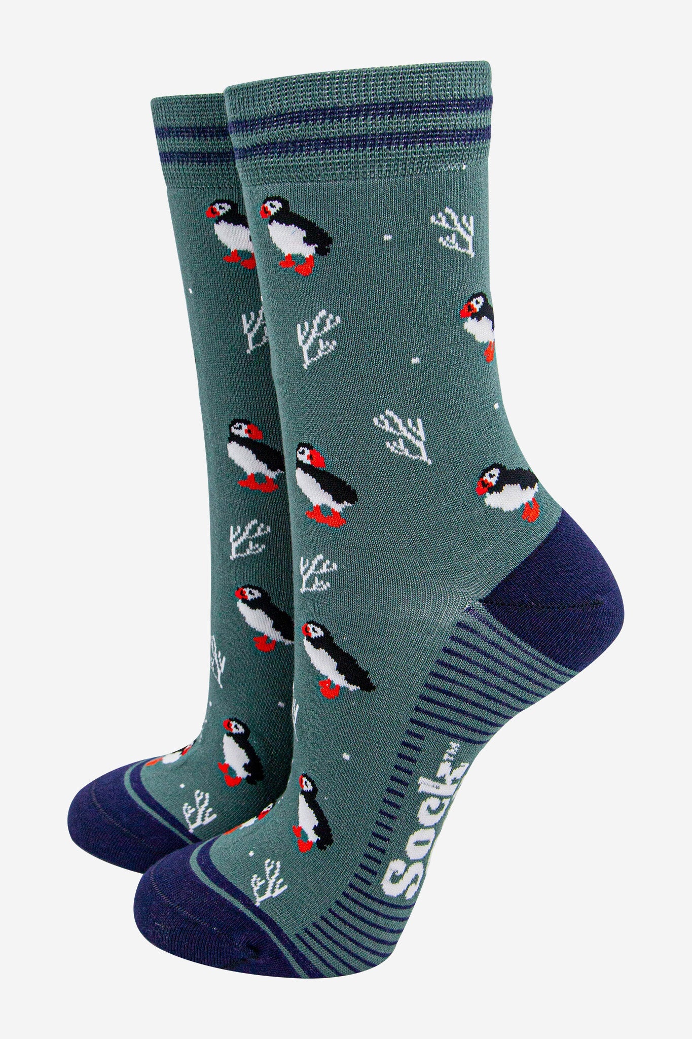 womens-bamboo-socks-sage-green-navy-blue-puffins-and-coral-seabirds