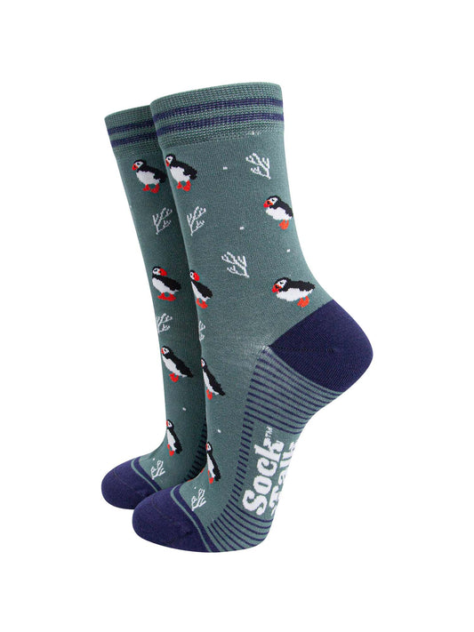 womens-bamboo-socks-sage-green-navy-blue-puffins-and-coral-seabirds