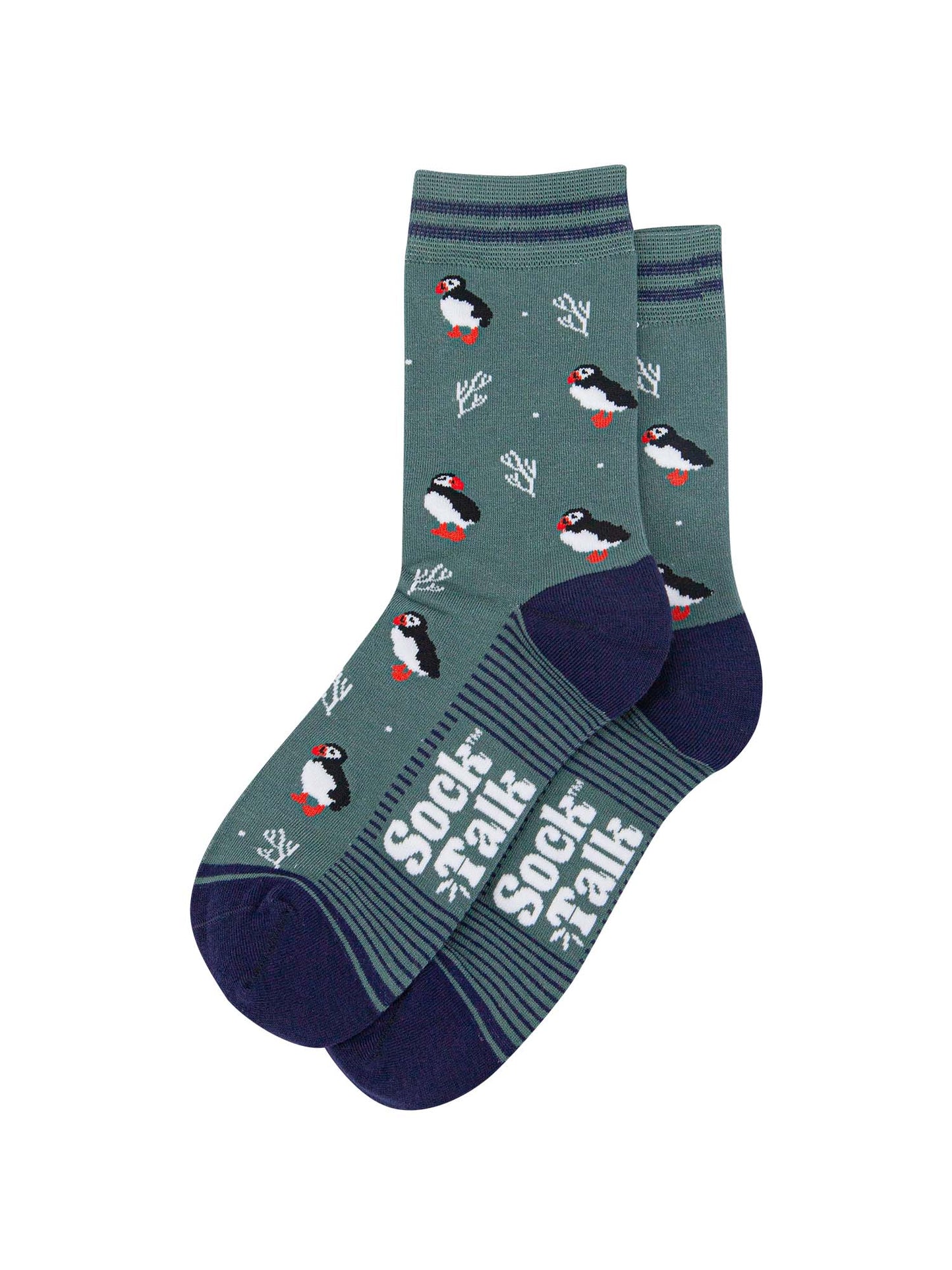 womens-bamboo-socks-sage-green-navy-blue-puffins-and-coral-laying-flat