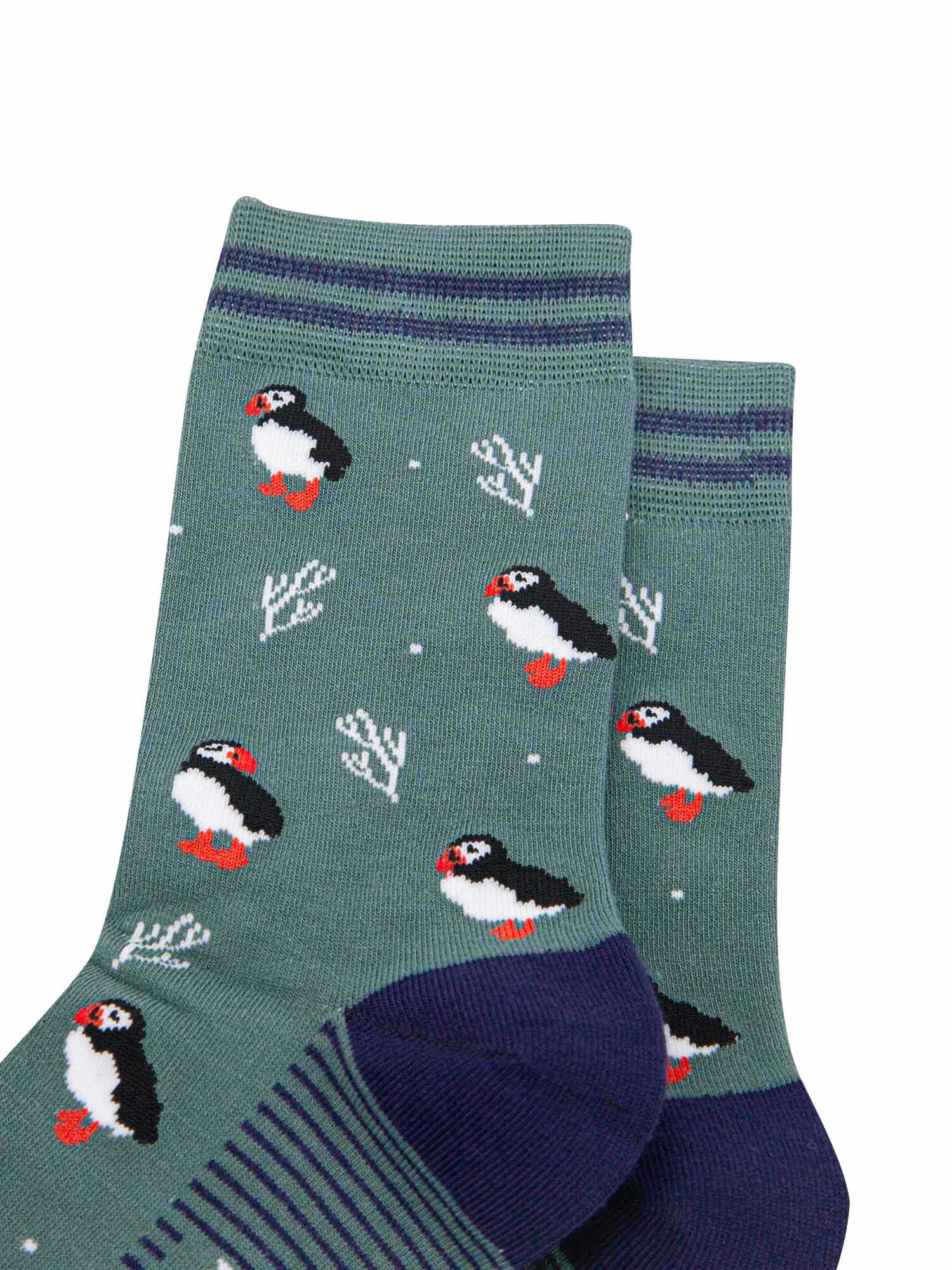 womens-bamboo-socks-sage-green-navy-blue-puffins-and-coral-close-up
