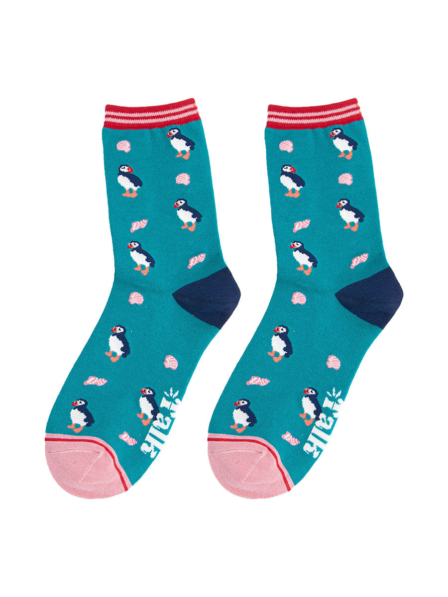 turquoise and pink bamboo ankle socks featuring puffins and seashells