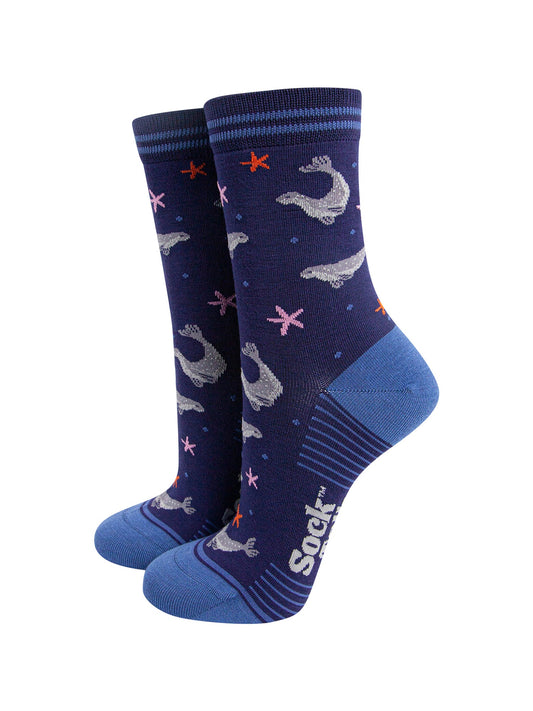 Swimming-Seals-Bamboo-Socks-in-Navy-Blue-Mannequin
