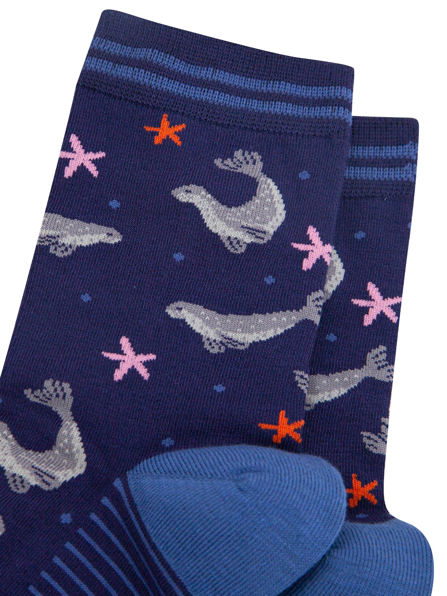 Swimming-Seals-Bamboo-Socks-in-Navy-Blue-Closeup