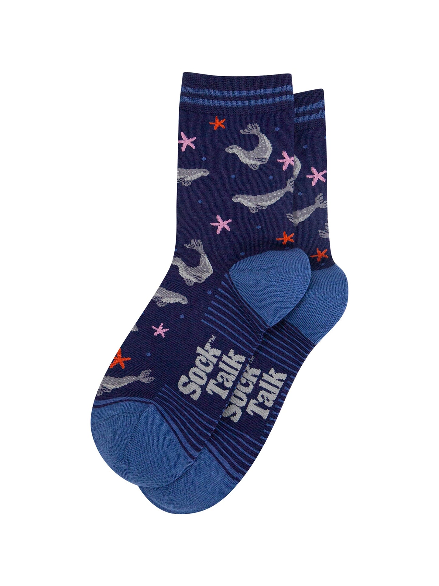 Swimming-Seals-Bamboo-Socks-in-Navy-Blue-Flatlay