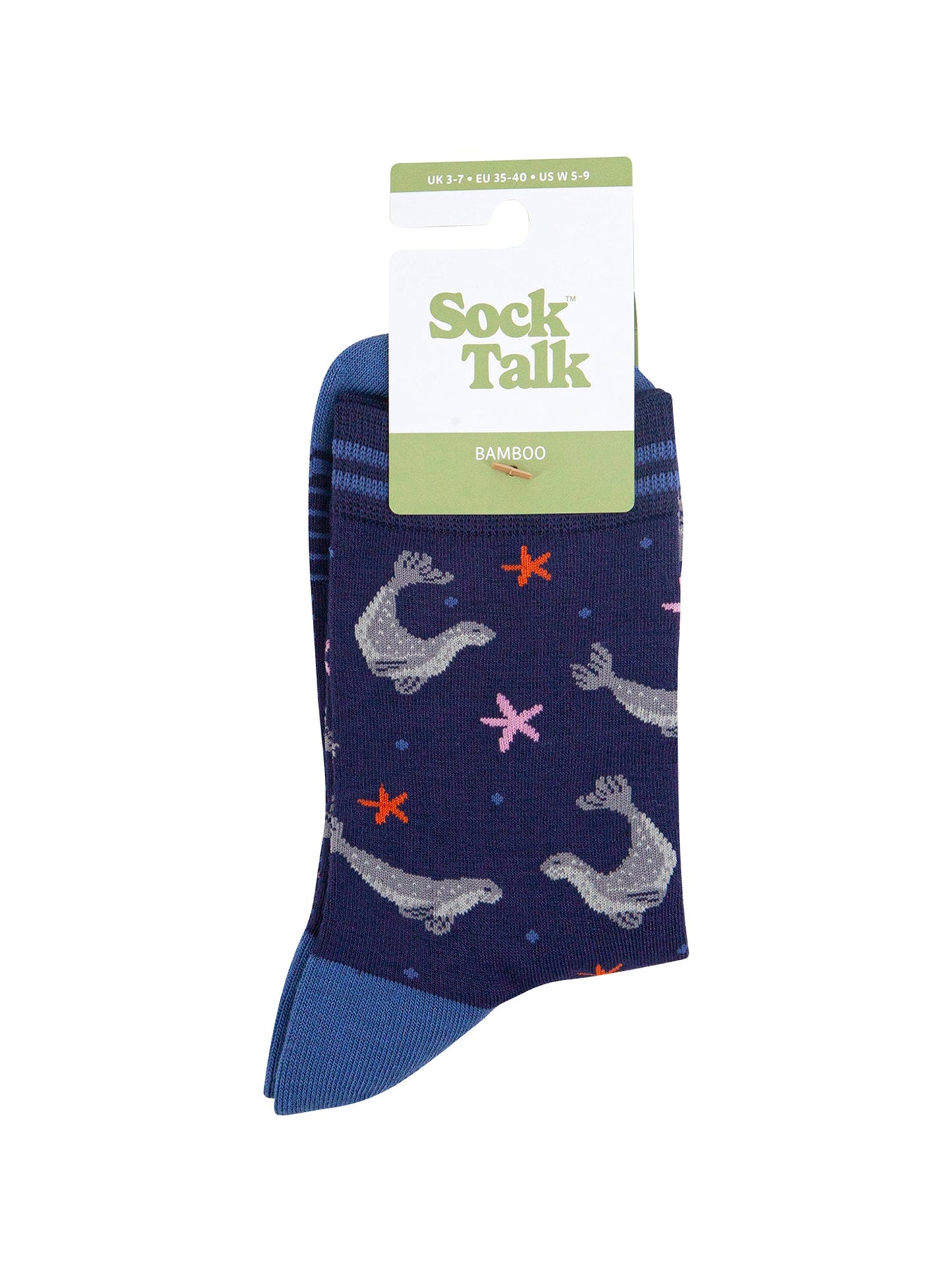 Swimming-Seals-Bamboo-Socks-in-Navy-Blue-In-Packaging