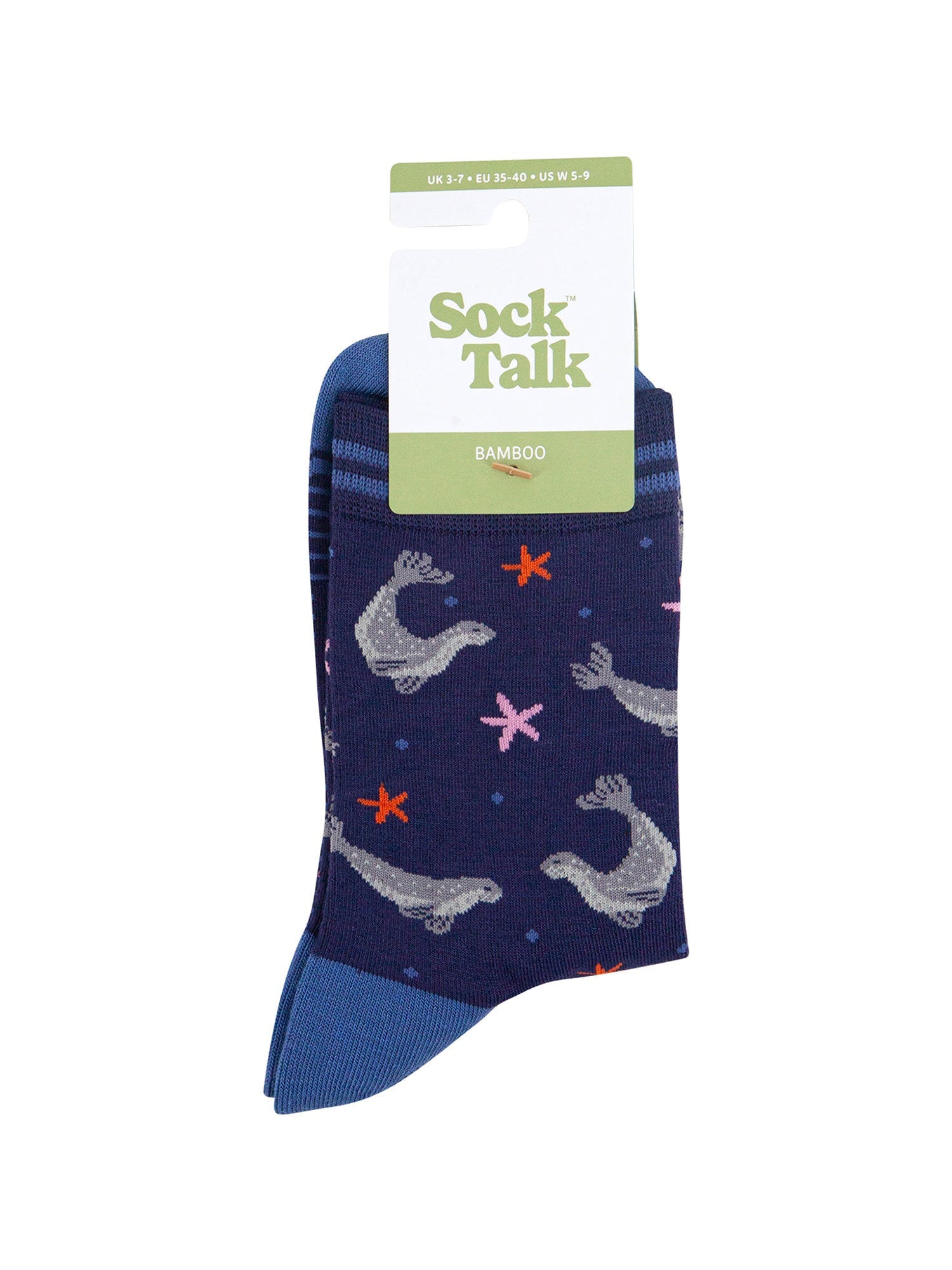 Swimming-Seals-Bamboo-Socks-in-Navy-Blue-In-Packaging