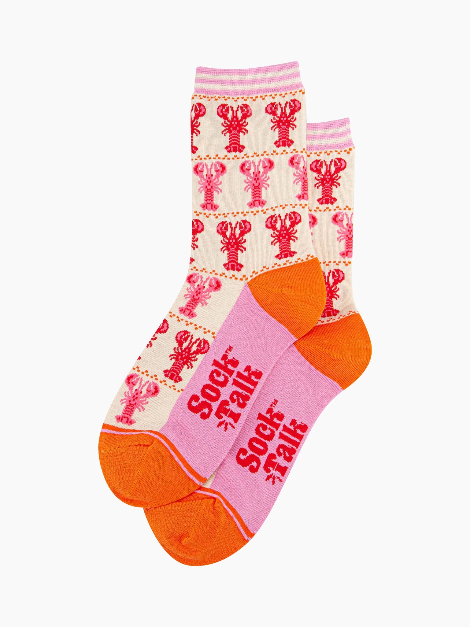 womens-bamboo-socks-cream-lobster-stripes-laying-flat-the-red-and-pink-lobster-pattern-covers-the-entire-design