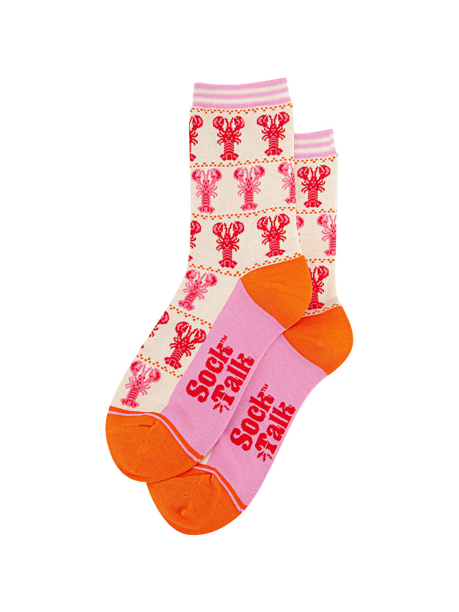 womens-bamboo-socks-cream-lobster-stripes-laying-flat-the-red-and-pink-lobster-pattern-covers-the-entire-design