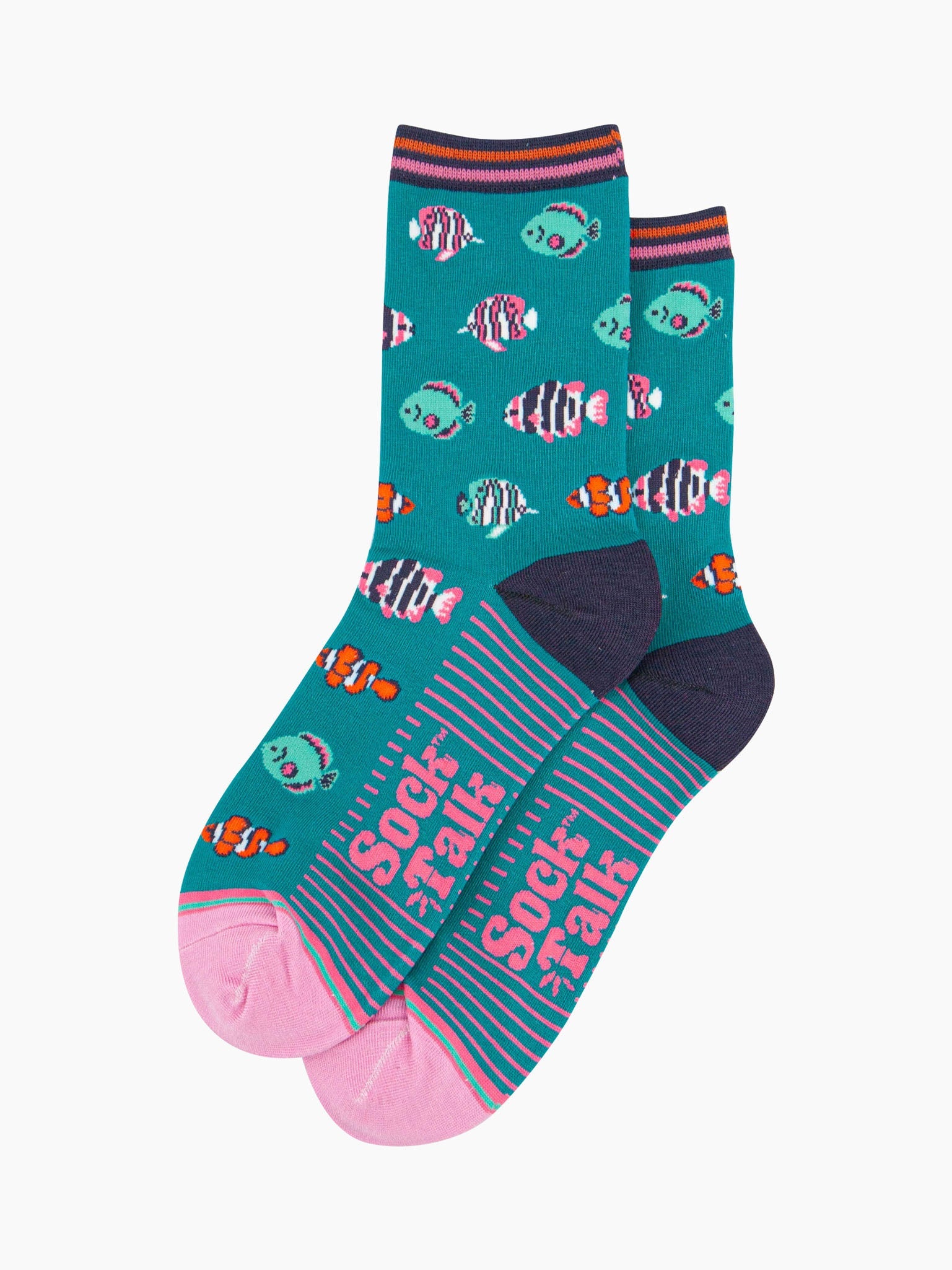womens-bamboo-socks-aqua-tropical-fish-laying-flat-the-colourful-fish-pattern-covers-the-full-design