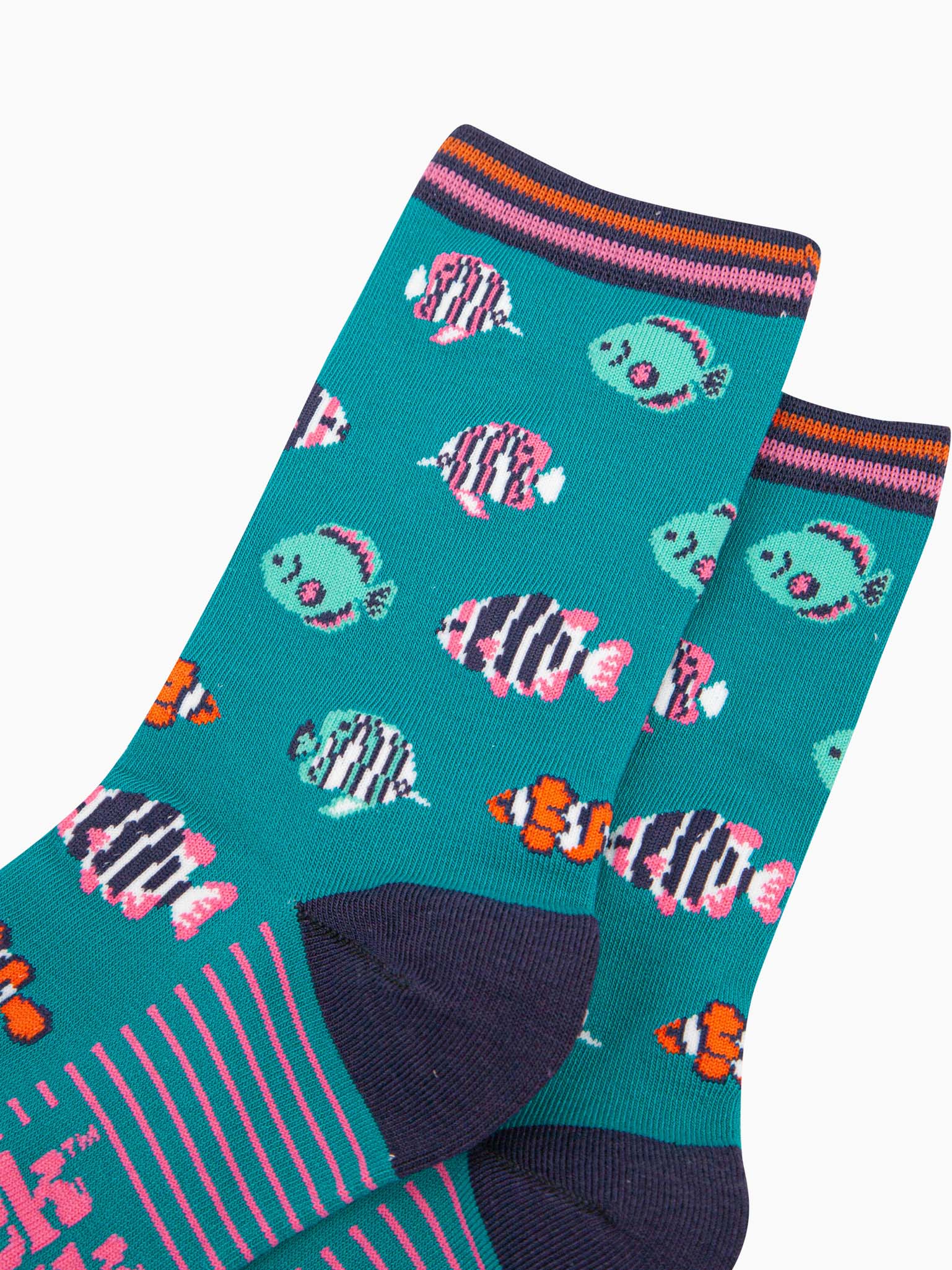 womens-bamboo-socks-aqua-tropical-fish-close-up-showing-the-colourful-swimming-fish-they-are-orange-striped-pink-striped-and-blue