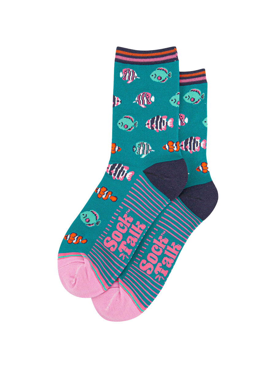 womens-bamboo-socks-aqua-tropical-fish-laying-flat-the-colourful-fish-pattern-covers-the-full-design